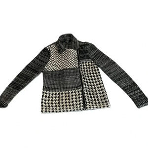 Chaps Womens Black White Patchwork Zip Up Sweater Jacket Long Sleeve Collared MP